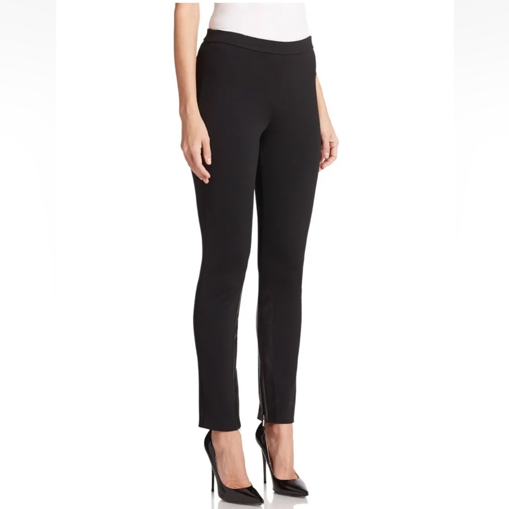 St John Black Milano Wool Rayon Leather Trimmed Pants Leggings 0